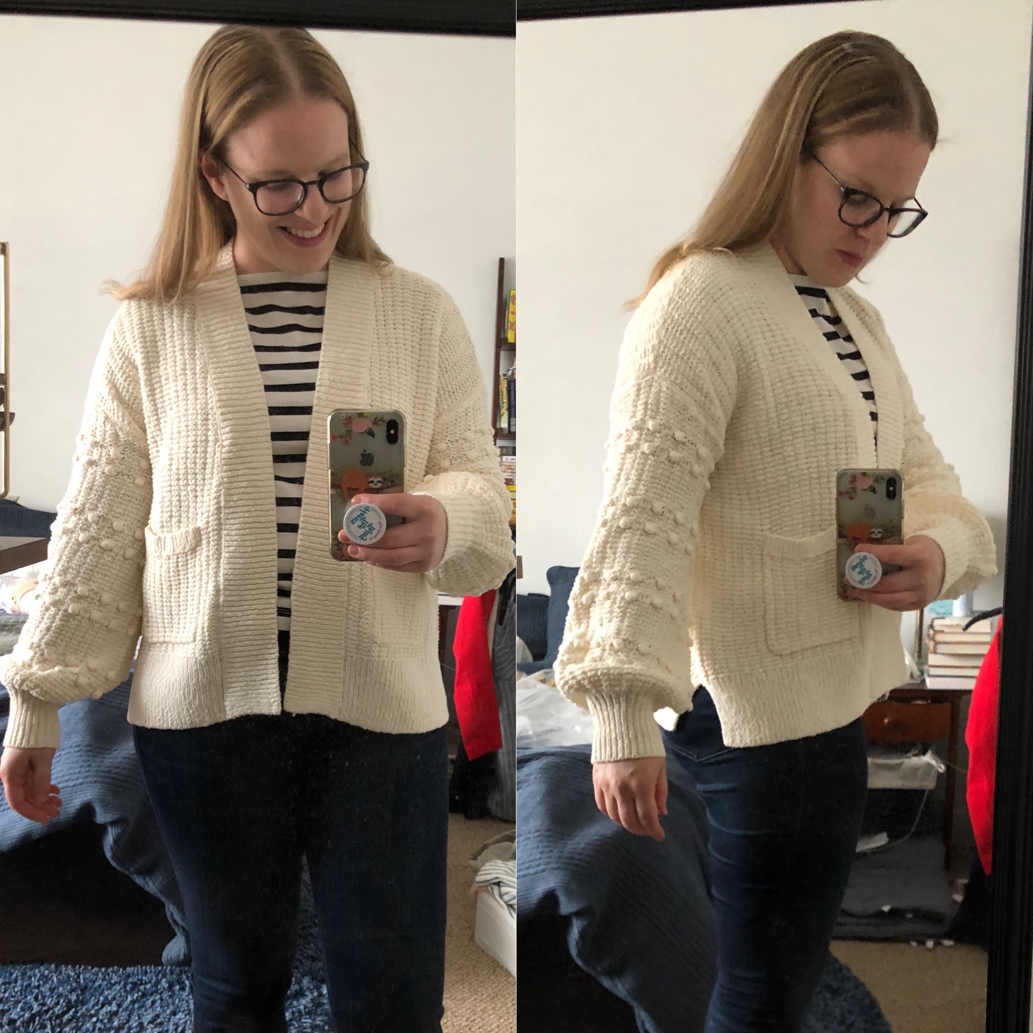 woman wearing Madewell Bobble Cardigan Sweater, Madewell Sweaters Review