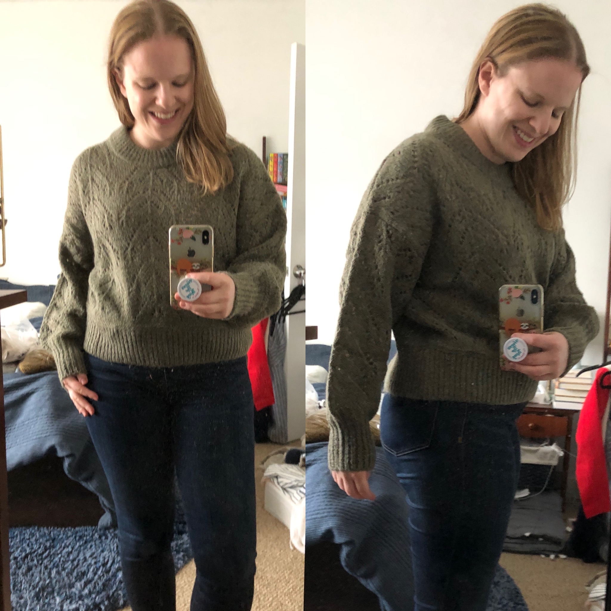 woman wearing Old Navy Cozy Pointelle-Knit Crew-Neck Madewell Sweaters Review