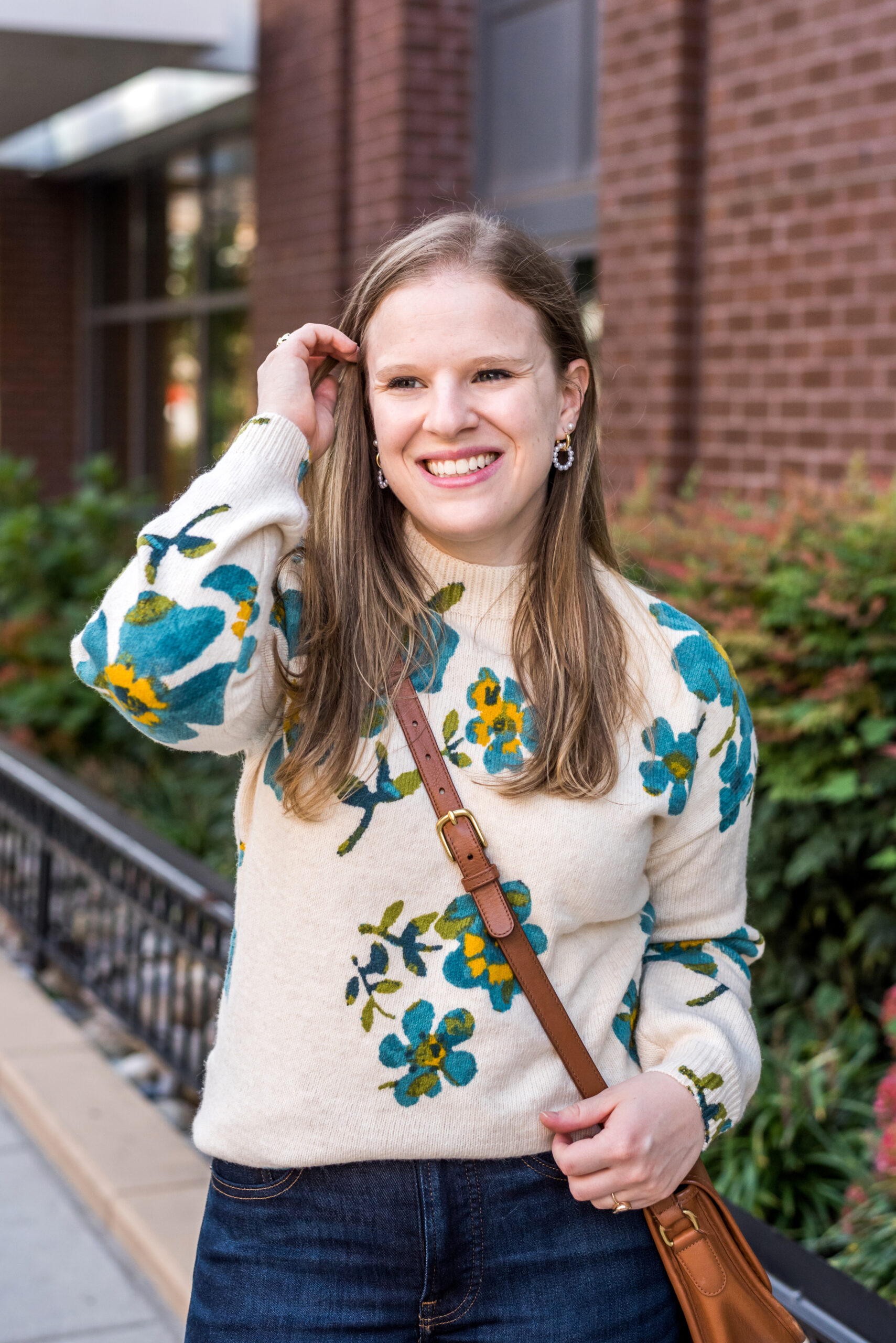 woman wearing loft floral sweater