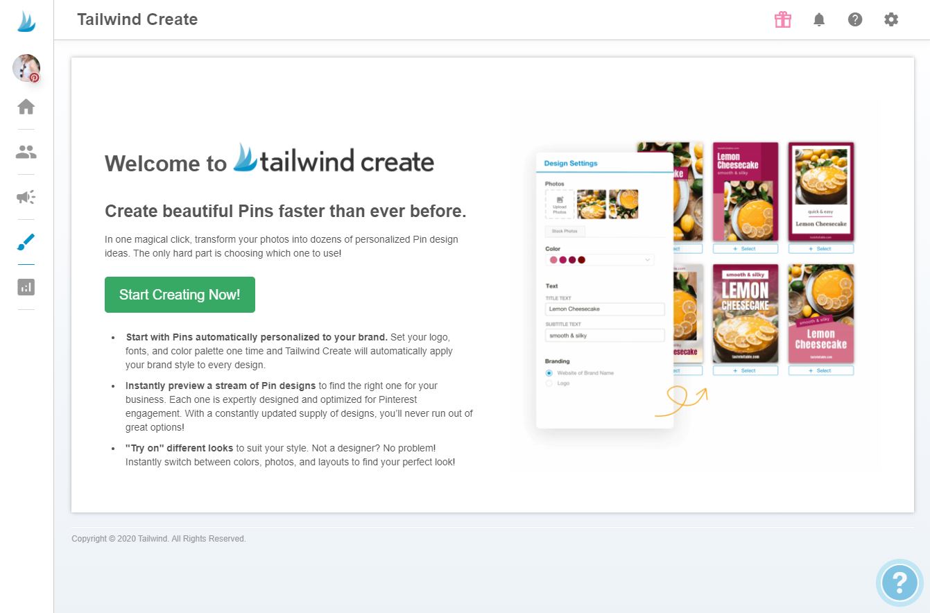screenshot of the Welcome to Tailwind Create page