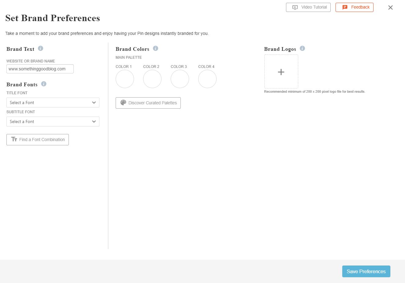 screenshot of a Tailwind Create page titled Set Brand Preferences