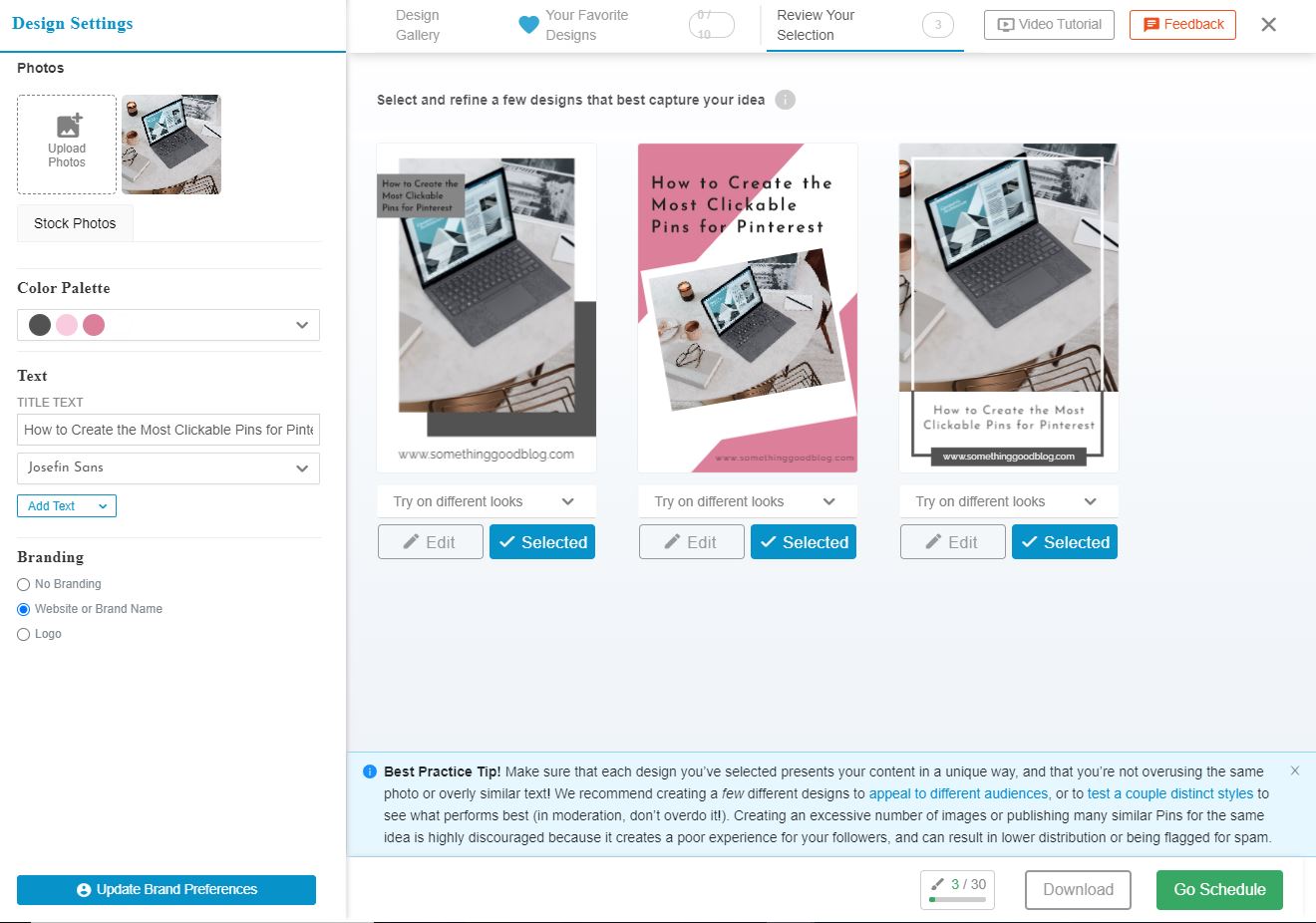 screenshot of Tailwind Create Page, showing different graphic design options for a picture of a laptop