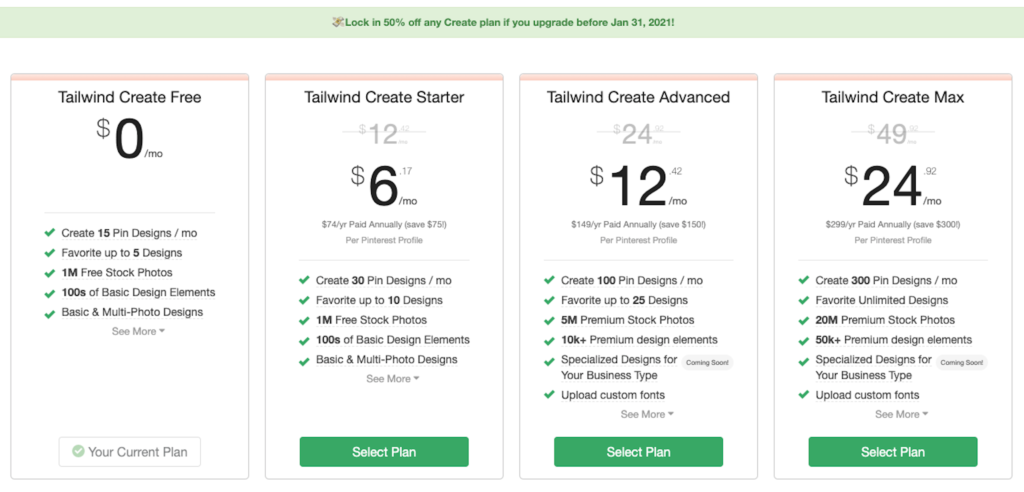 screenshot of the different pricing options for Tailwind Create
