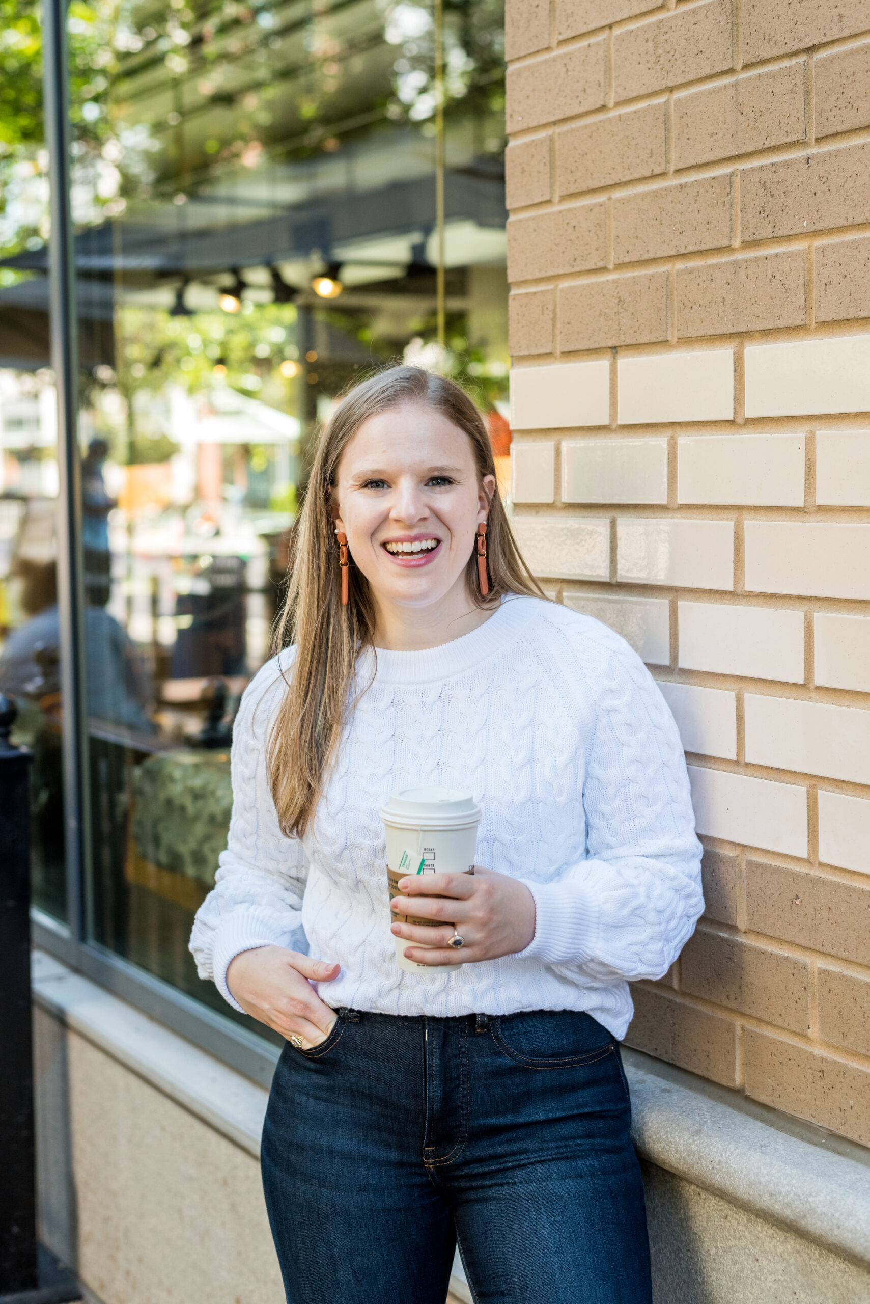 woman wearing cable knit relaxed sweater, j.crew