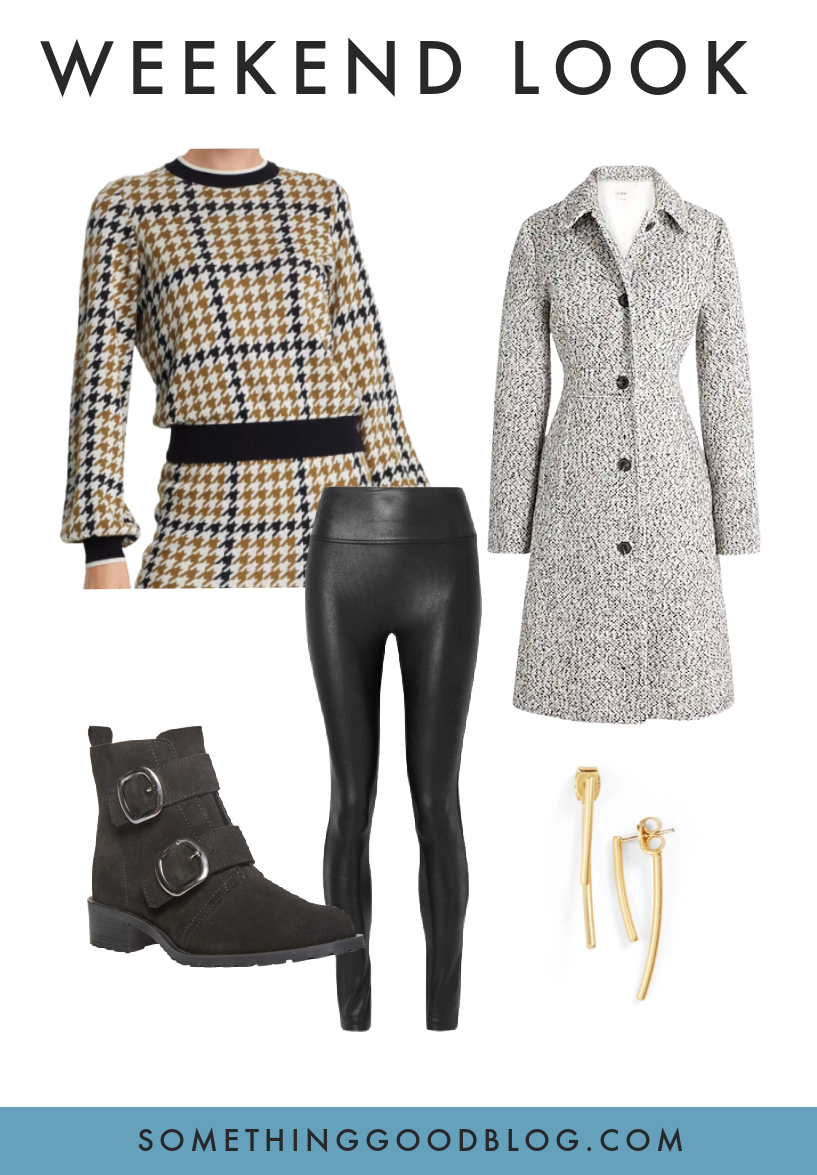 women's weekend outfit with houndstooth sweater and faux leather leggings