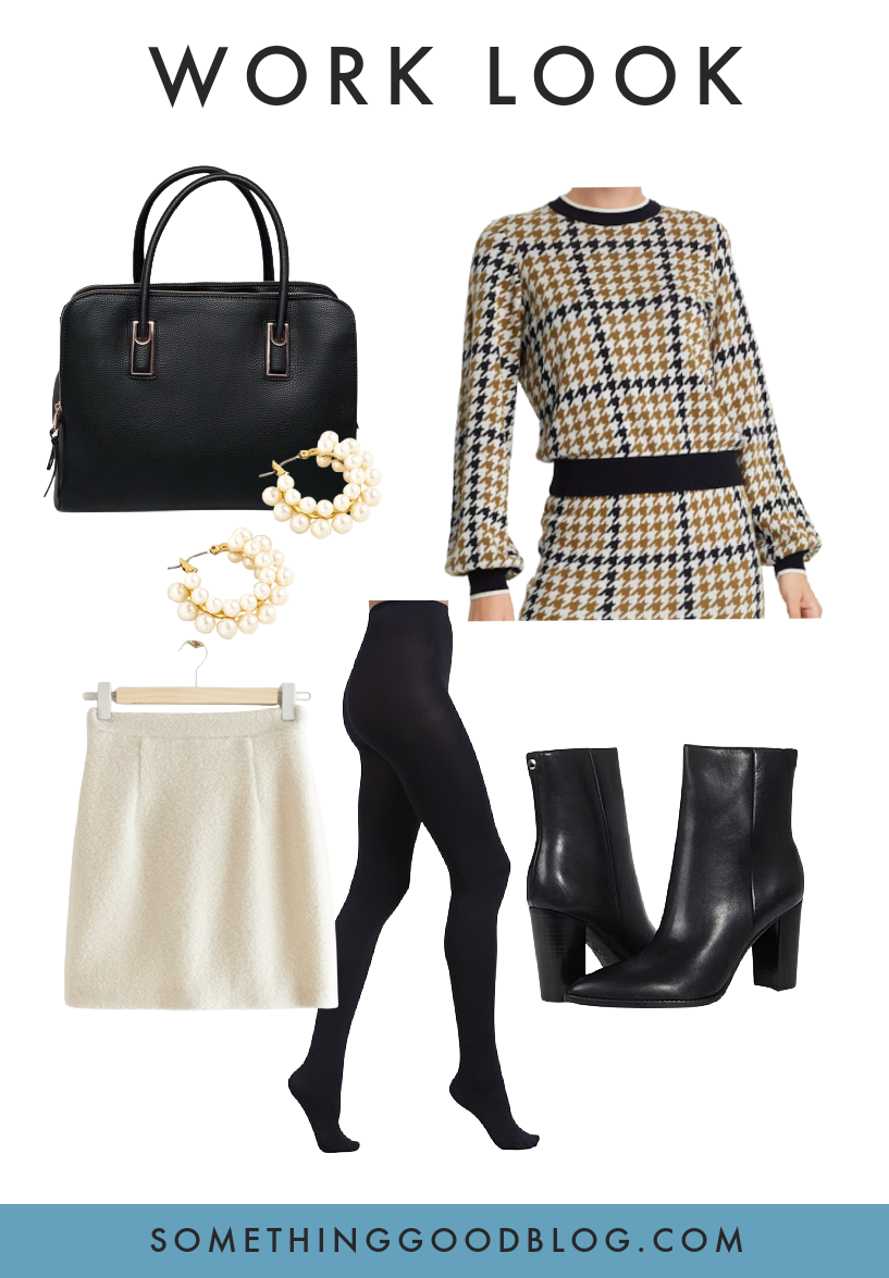 women's work outfit with target houndstooth sweater white mini skirt, and black ankle boots