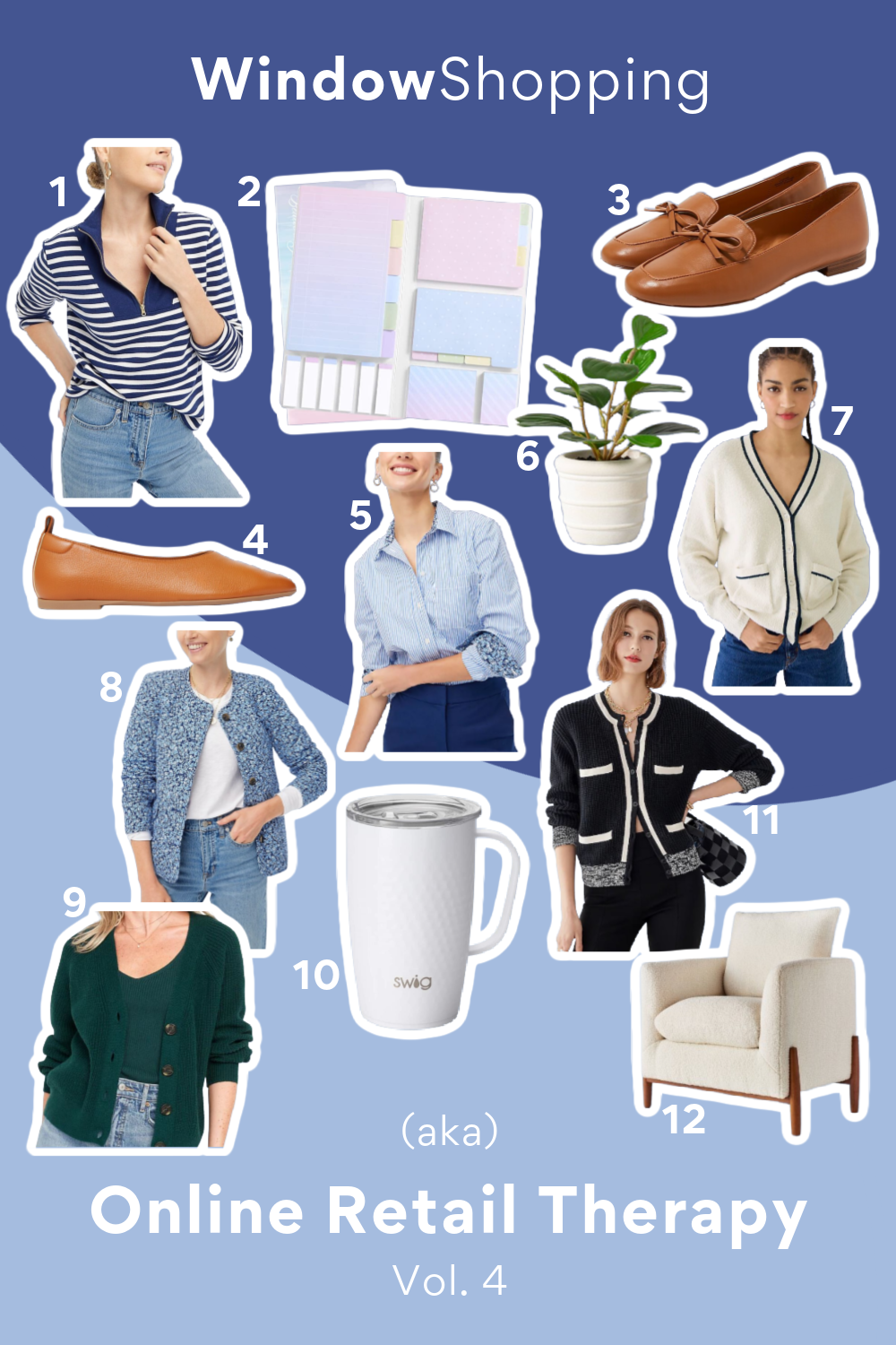 Window Shopping Vol 4, a collection of clothing,  Striped Half-Zip Sweatshirt, Sticky Notes Set, Bow Loafers, Day Glove Flats, Button Up Shirt, Faux Mini Plant, V-Neck Cardigan, Quilted Jacket, Cardigan Sweater, Insulated Travel Mug, Front Pocket Cardigan, Accent Chair