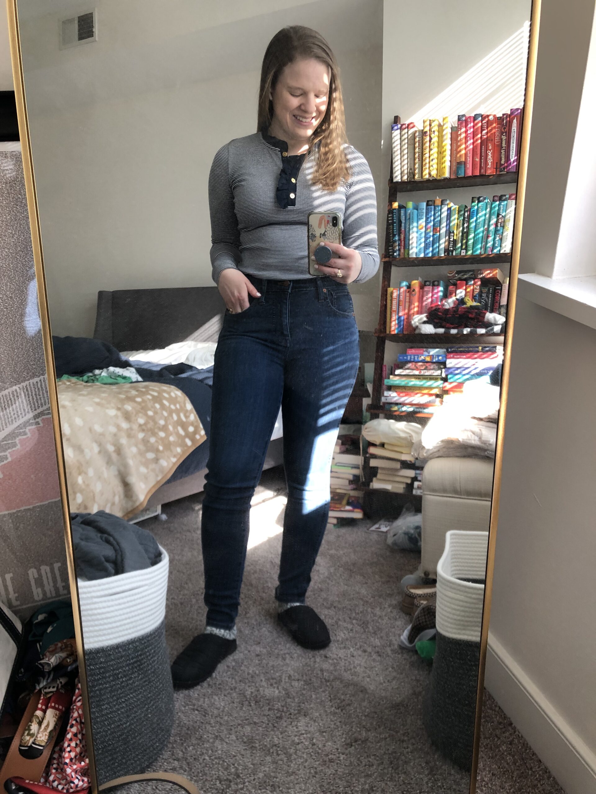 woman blogger wearing everlane jeans, j.crew ruffle neck long sleeve striped shirt, waffle shirt, everlane slippers