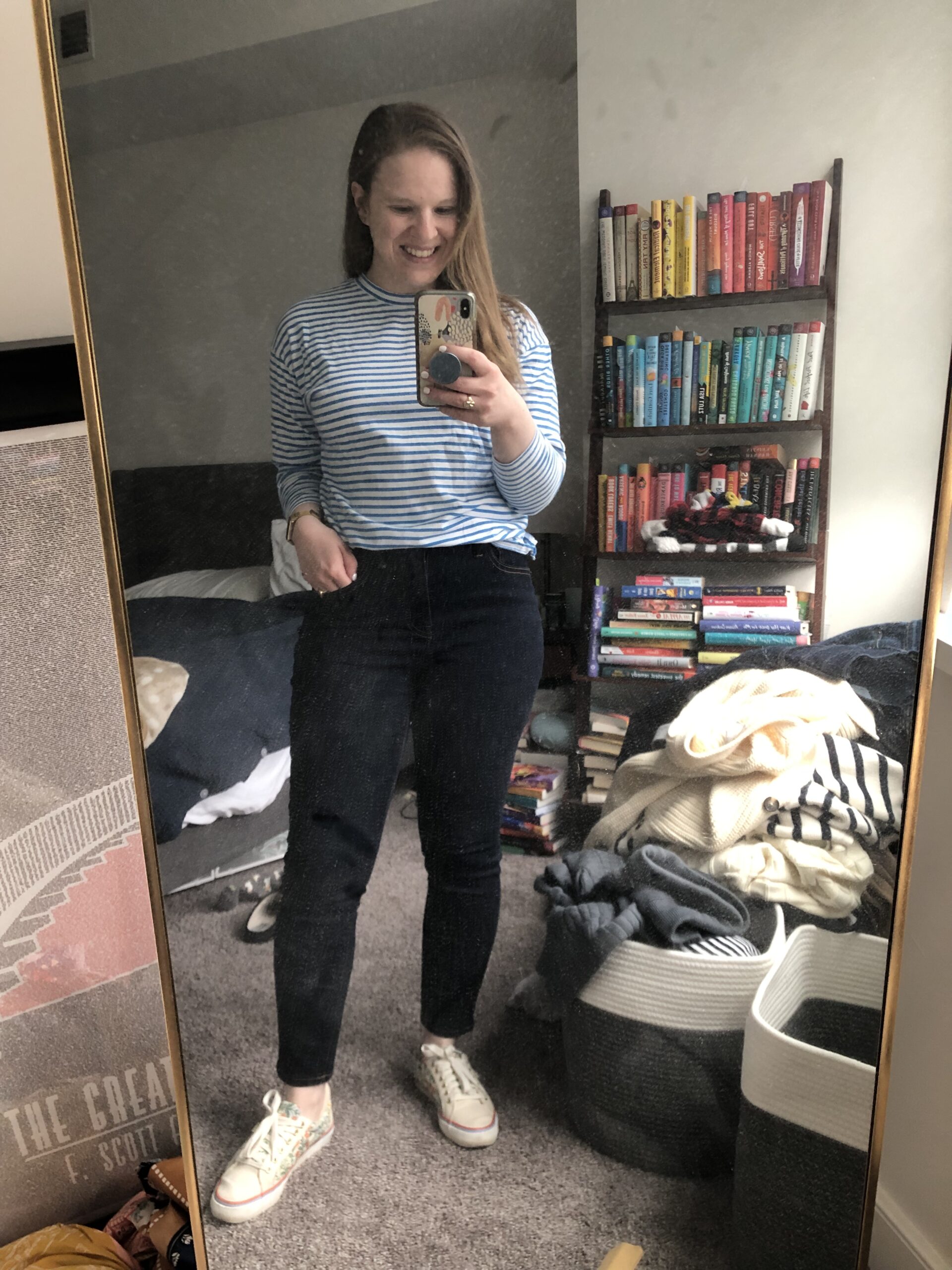 woman blogger wearing ayr Blue Striped Shirt, j.crew factory jeans, keds Floral Sneakers