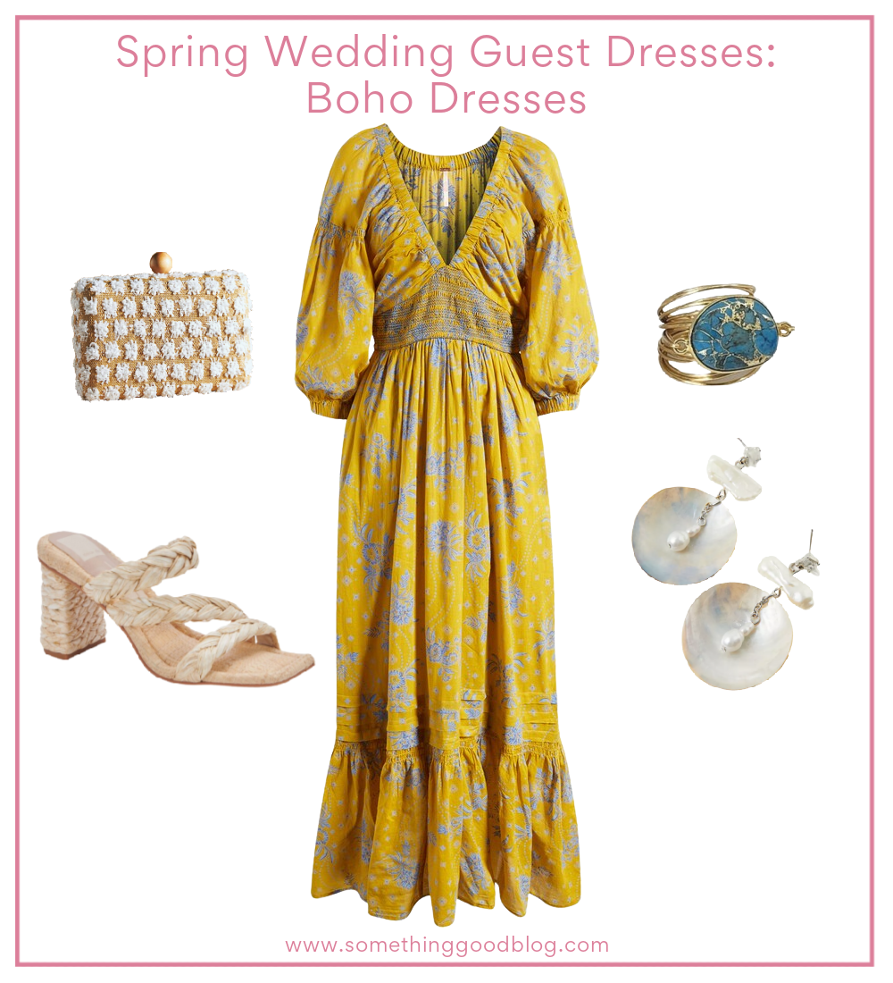 Spring Wedding Guest Dress: Boho Dress, free people Golden Hour Smocked Bodice Cotton Maxi Dress