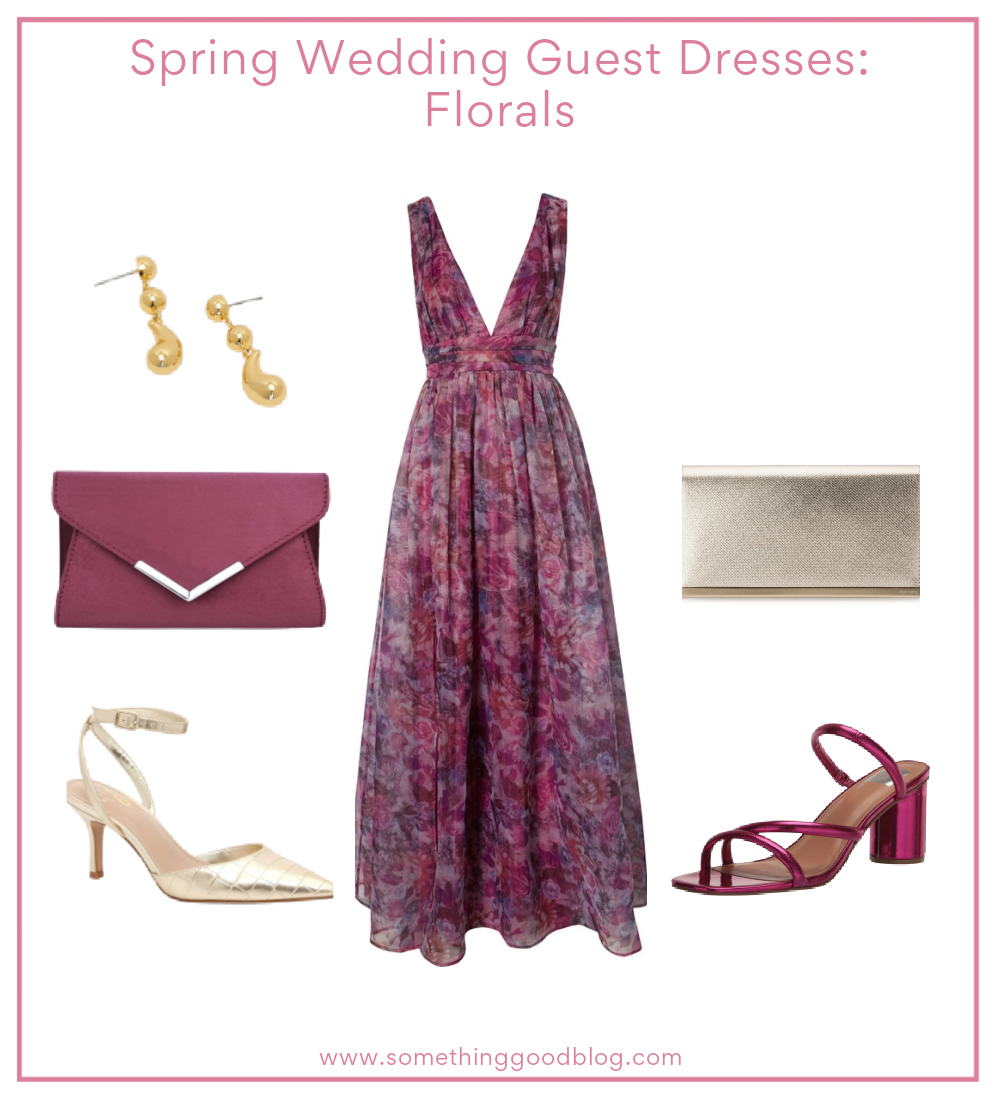 Spring Wedding Dress, Floral Print, Lulu's Garden Romance Magenta Floral Print Organza Maxi Dress