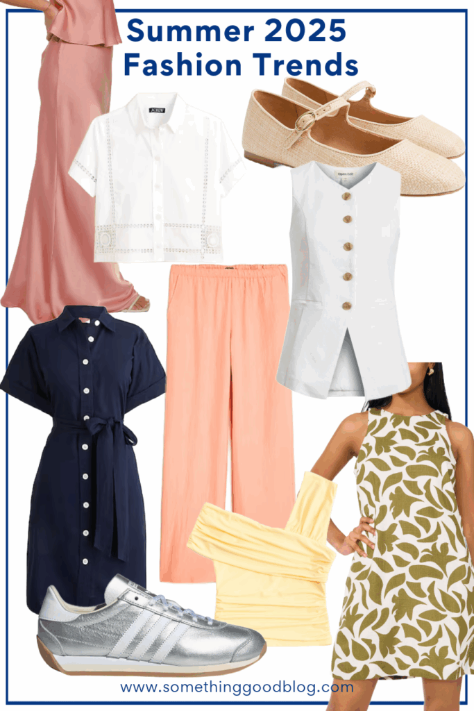 Summer 2025 Trends. @danaerinw, Retro Resort Prints, Statement Silver, Butter Yellow & Sunset Shades, Gauzy + Natural Textures, Long Skirts & Column Silhouettes, Modern Mary Janes & Strappy Flats, Utility-Inspired Pieces, j.crew shirt dress, pink maxi skirt, coral wide leg pants, nordstrom retro print shift dress, abercrombie and fitch butter yellow top, white vest, j.crew factory mary janes