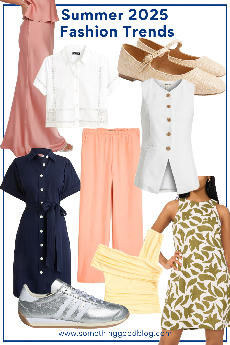 Summer 2025 Trends. @danaerinw, Retro Resort Prints, Statement Silver, Butter Yellow & Sunset Shades, Gauzy + Natural Textures, Long Skirts & Column Silhouettes, Modern Mary Janes & Strappy Flats, Utility-Inspired Pieces, j.crew shirt dress, pink maxi skirt, coral wide leg pants, nordstrom retro print shift dress, abercrombie and fitch butter yellow top, white vest, j.crew factory mary janes, silver sneakers