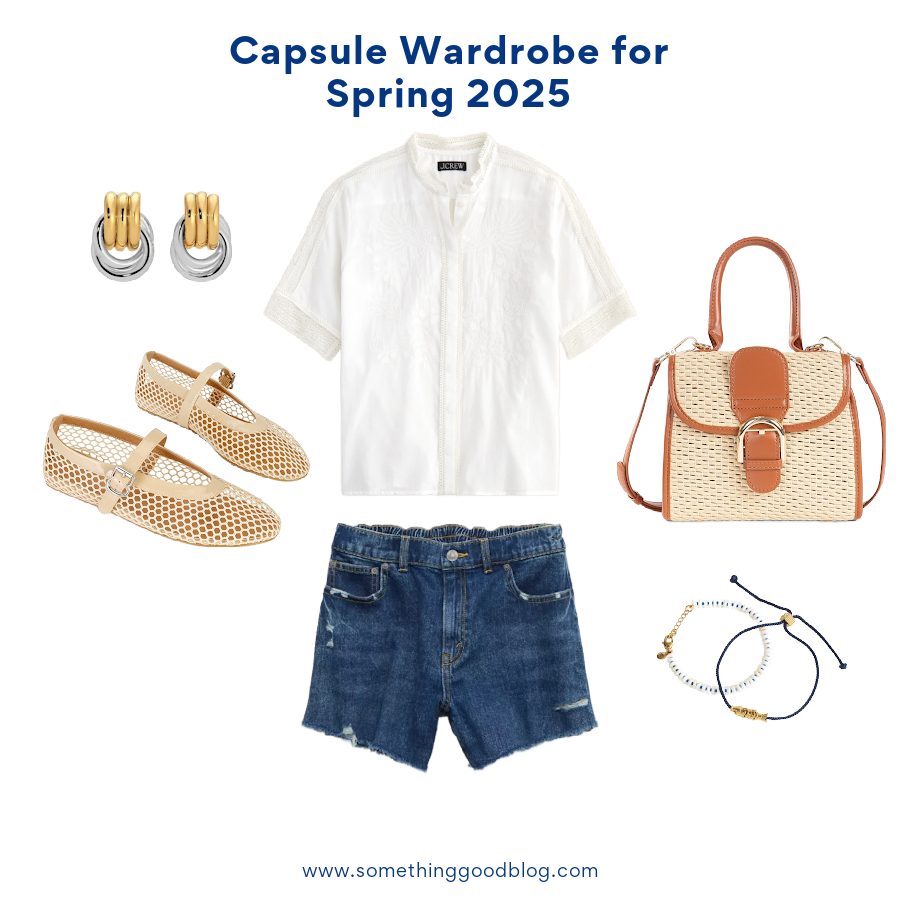 J.Crew Embroidered lace-trim button-up shirt in cotton voile, Aerie Daydream Denim Short, Mary Jane Mesh Ballet Flats, Raffia Straw Woven Crossbody Bag, Haven Mayhem Baby Knot Mixed, Madewell Two-Pack Fish Bracelet Set